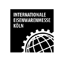Das Logo der Internationalen Eisenwarenmesse in Köln zeigt eine stilisierte Weltkugel und Zahnräder auf schwarzem Hintergrund.