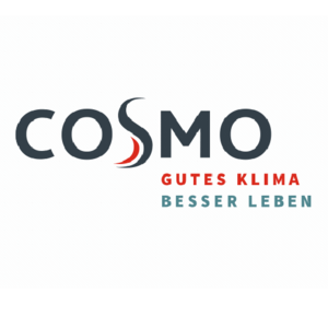 Das Logo von COSMO zeigt den Schriftzug in modernen Buchstaben, begleitet von einem stilisierten Symbol.