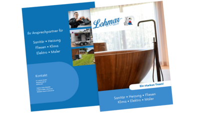 Eine ansprechende Broschüre präsentiert die Dienstleistungen von H.J. Lohmar, einschließlich Sanitär und Heizung.