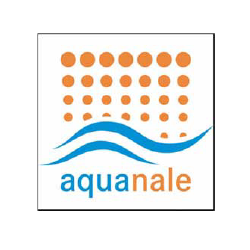 Ein Logo mit orangefarbenen Punkten und blauen Wellen, das die Marke aquanale repräsentiert.
