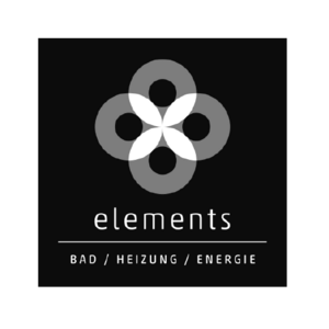 Ein modernes Logo mit einem stilisierten, blütenähnlichen Design in Schwarz und Grau, das die Marke 'elements' repräsentiert.