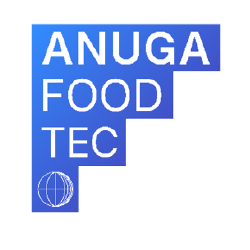 Das Logo von Anuga Food Tec zeigt den Schriftzug in Weiß auf einem blauen Hintergrund, ergänzt durch eine stilisierte Weltkugel.