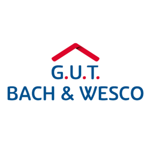 Das Logo zeigt den Schriftzug 'G.U.T. BACH & WESCO' in blauer Schrift mit einem roten Dachsymbol darüber.