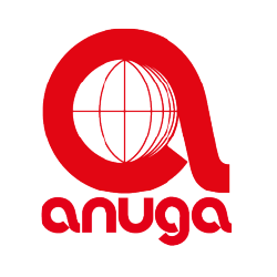 Ein rotes Logo mit einem stilisierten Buchstaben A, das eine Weltkugel darstellt, darunter der Schriftzug 'anuga'.