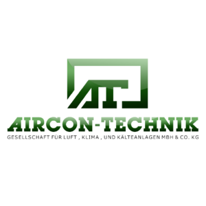Das Logo von AIRCON-TECHNIK zeigt einen modernen Schriftzug in Grün und Schwarz, umgeben von einem stilisierten Rahmen.