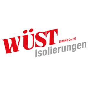 Das Logo von Wüst Isolierungen zeigt den Firmennamen in auffälligem Rot und Grau, was Professionalität ausstrahlt.